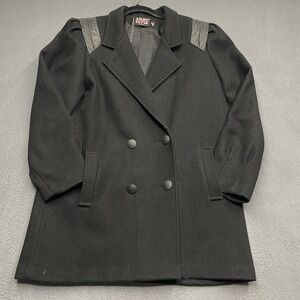 Vtg NY Girl Wool Pea Coat Sz 16 Knee Length Retro Leather Accent Union Made USA